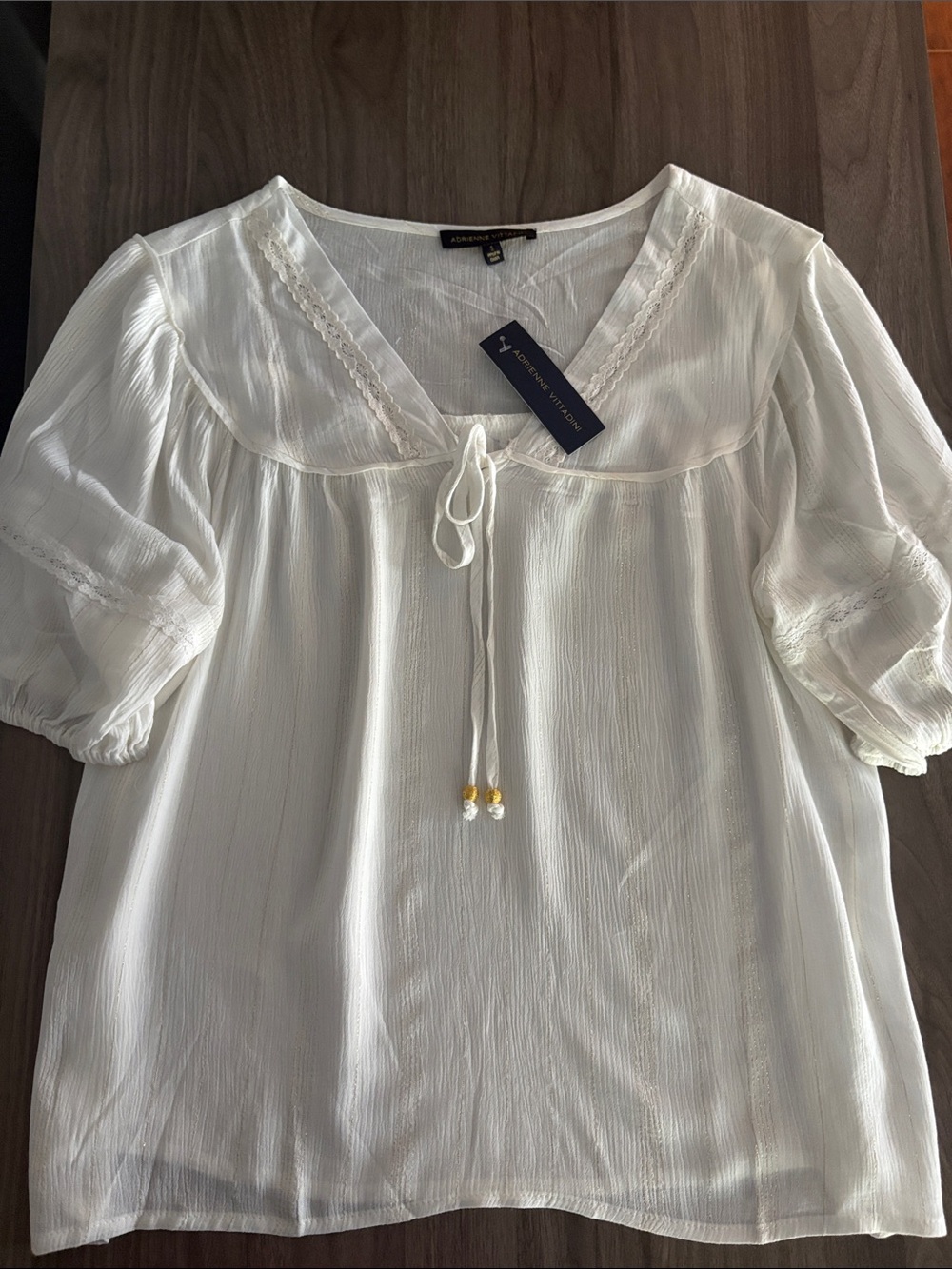 Cream - Gold Detail Tie-Front V-Neck Peasant Top